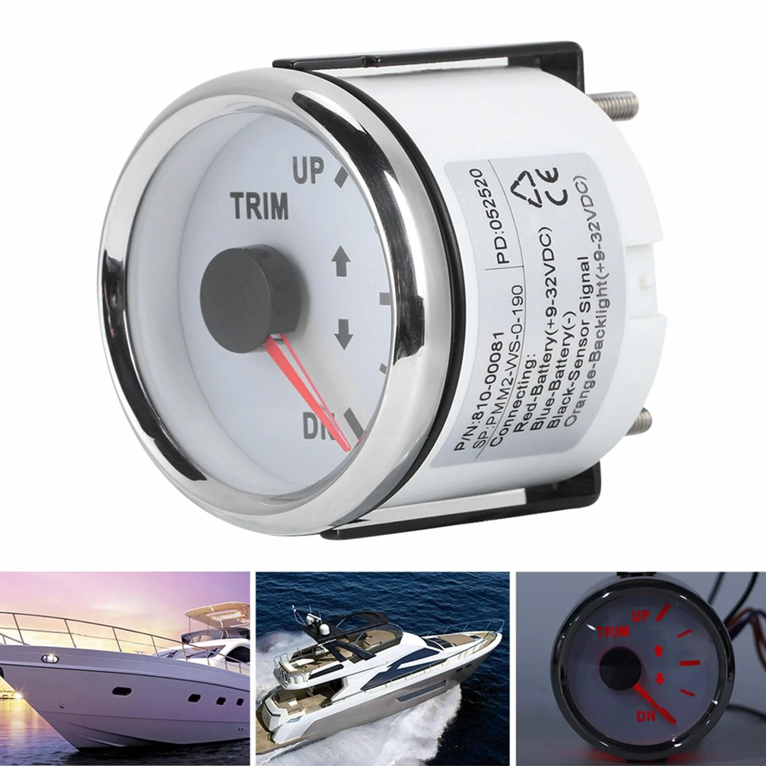 Indicatore di trim, 52mm/2in UP-DN Indicatore di trim per barche 0-190ohm Indicatore di inclinazione del trim del segnale Retroilluminazione rossa(Quadrante bianco Cornice argento)