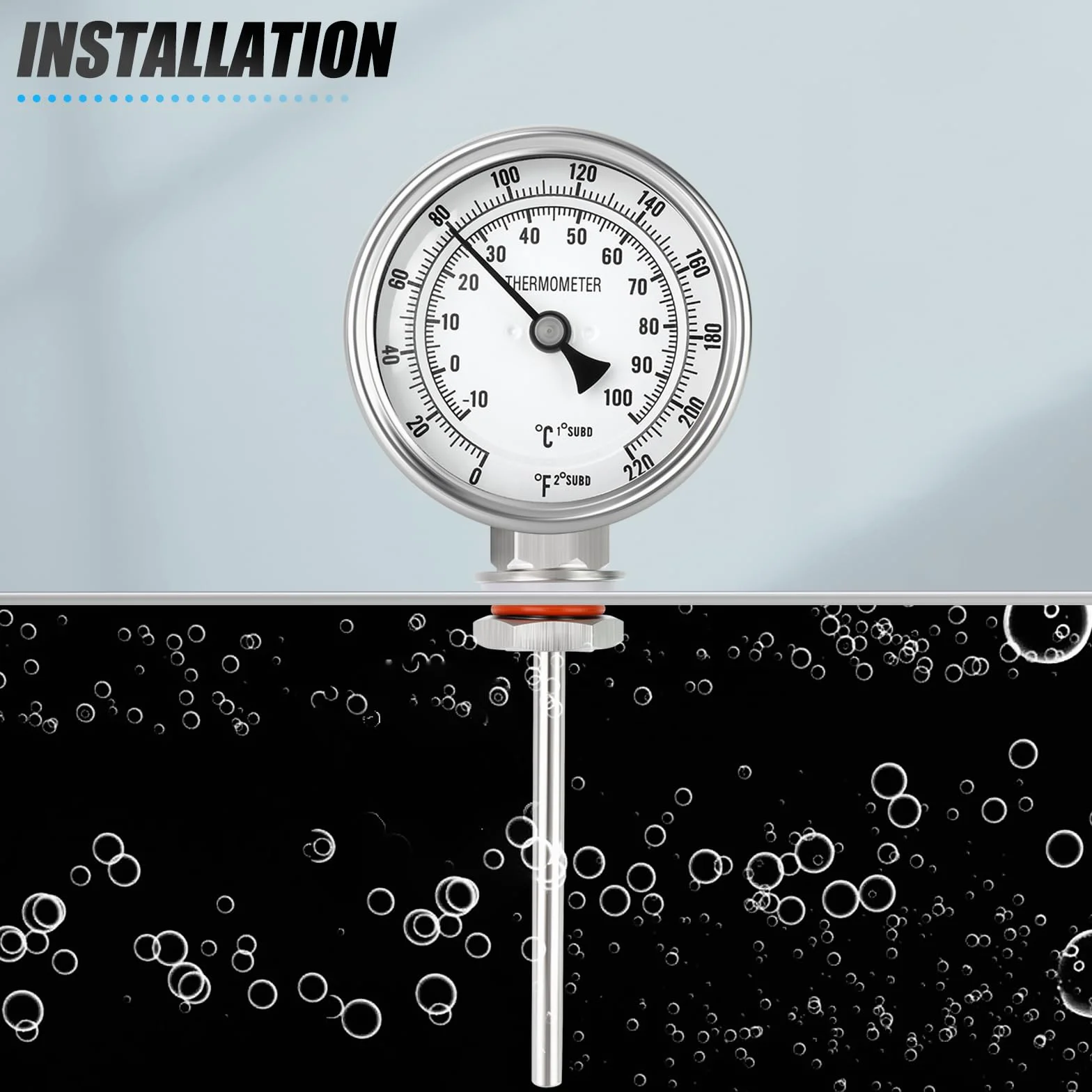 MEANLIN MEASURE Termometro bimetallico 1/2" BSP 3.3" Dial 4.4" Stelo in acciaio inossidabile -10~100℃/0~220℉