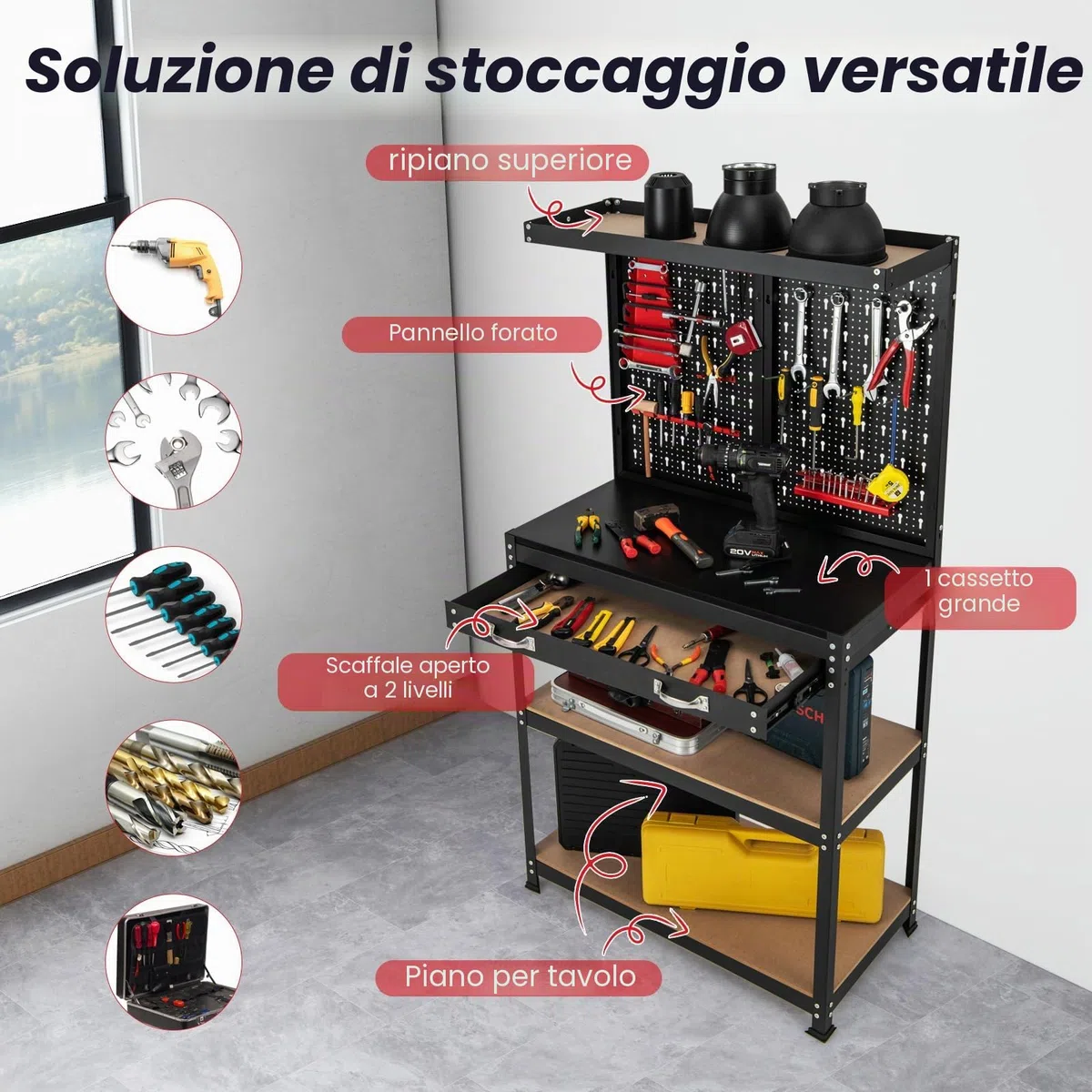 FANTASK Banco da lavoro alto 155 cm, banco attrezzi con parete forata e 13 accessori, tavolo da lavoro con cassetto