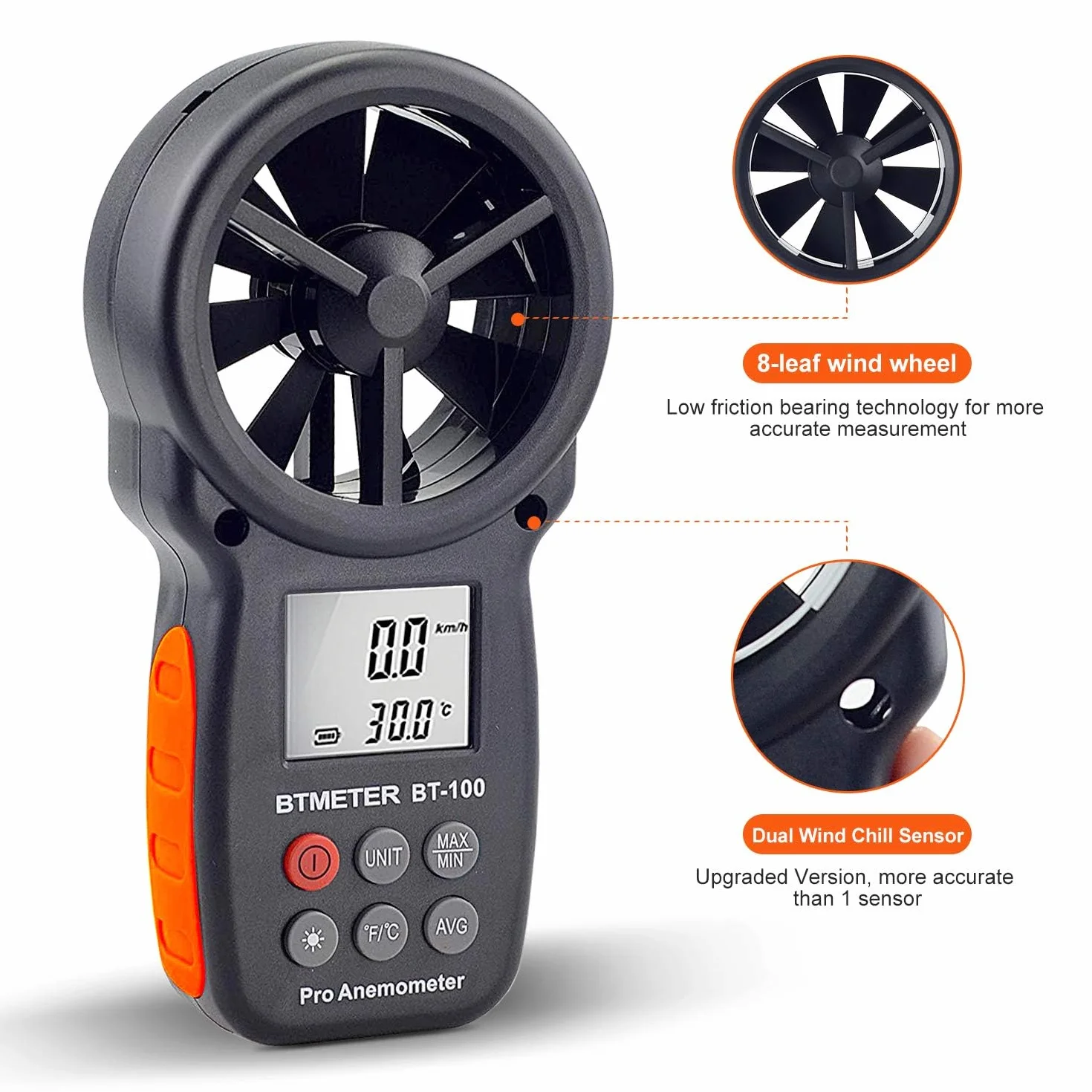 BTMETER BT-100 Anemometro digitale portatile misuratore velocità vento CFM MAX/MIN/AVG LCD