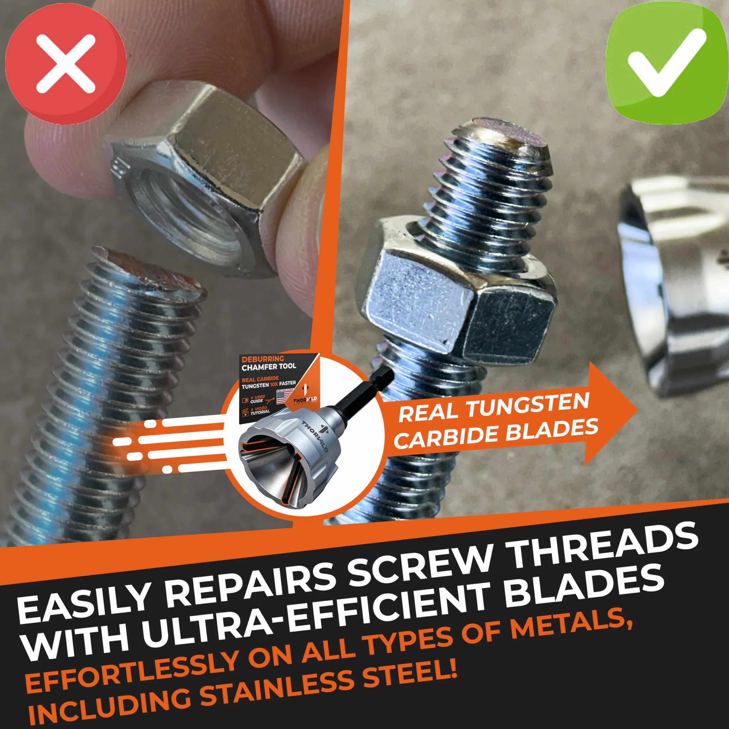 THORVALD Strumento di sbavatura per smussi esterni con lama in carburo di tungsteno – Strumento di sbavatura per tutte le filettature, tutte le aste metalliche, tubi, PVC, stampa 3D – 1/8 pollici a 3