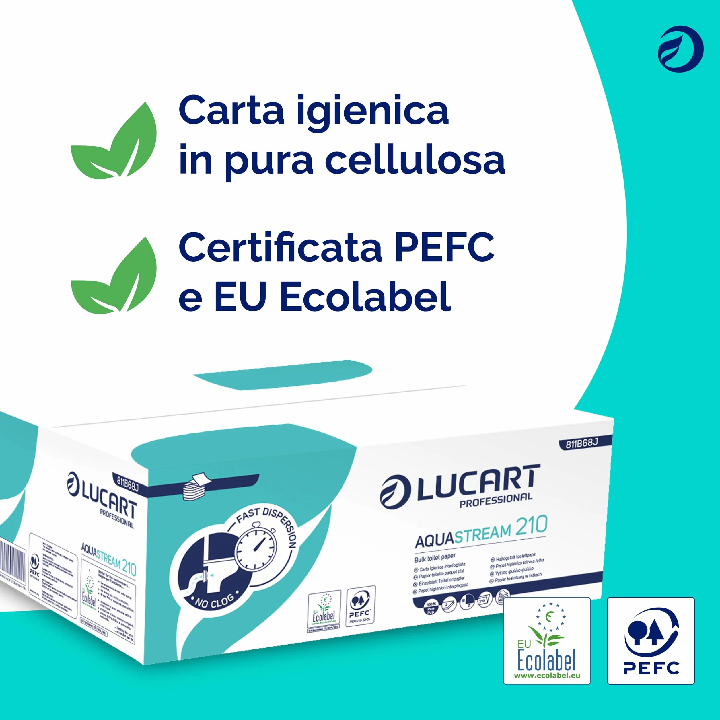 Lucart Professional AquaStream 210 Carta Igienica Interfogliata pura cellulosa 9,5x11 cm 40 confezioni 210 pezzi