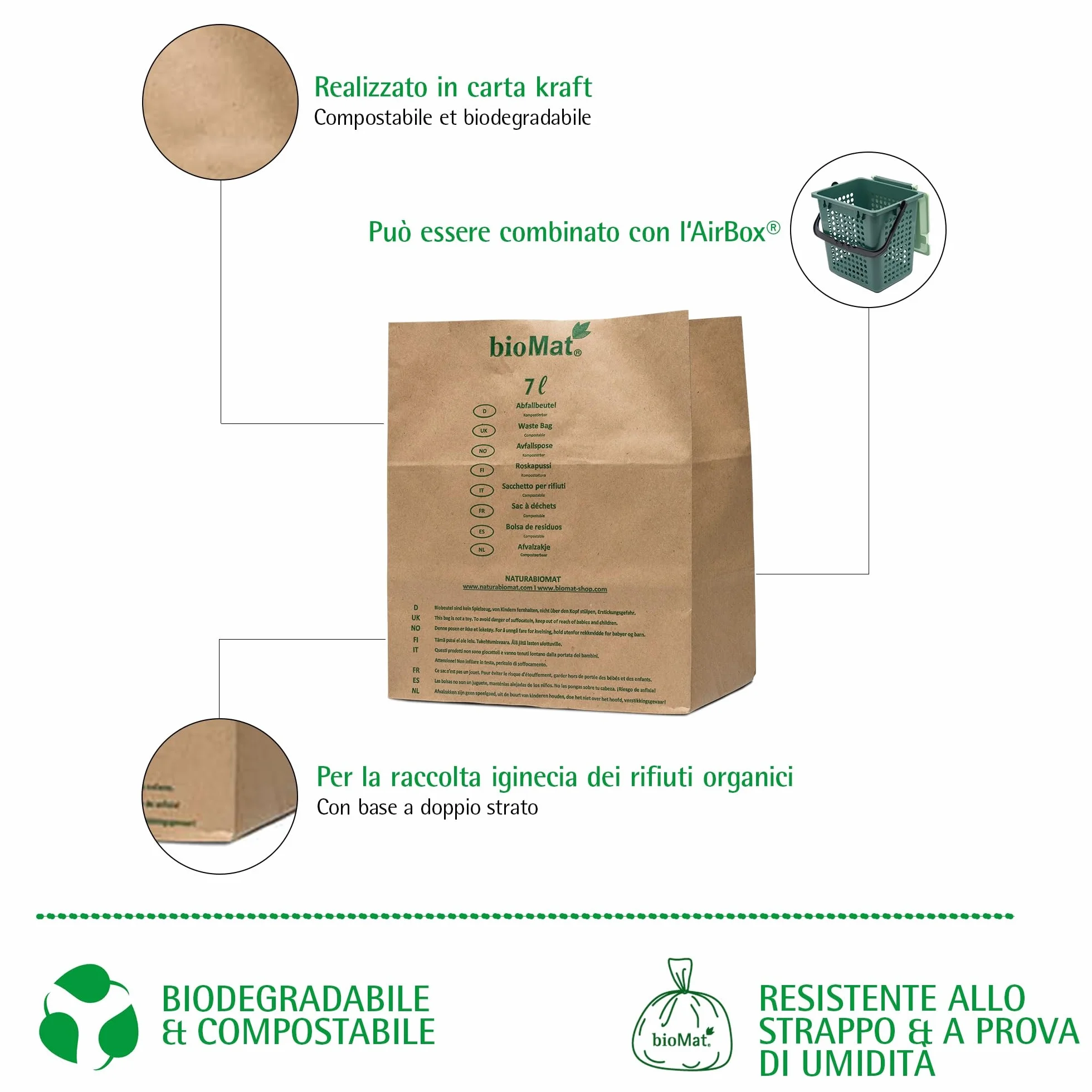 bioMat Sacchetti di Carta Compostabili da 7l per Umido, 120 Sacchetti Kraft, Resistenti all'Umidità, Made in Germany
