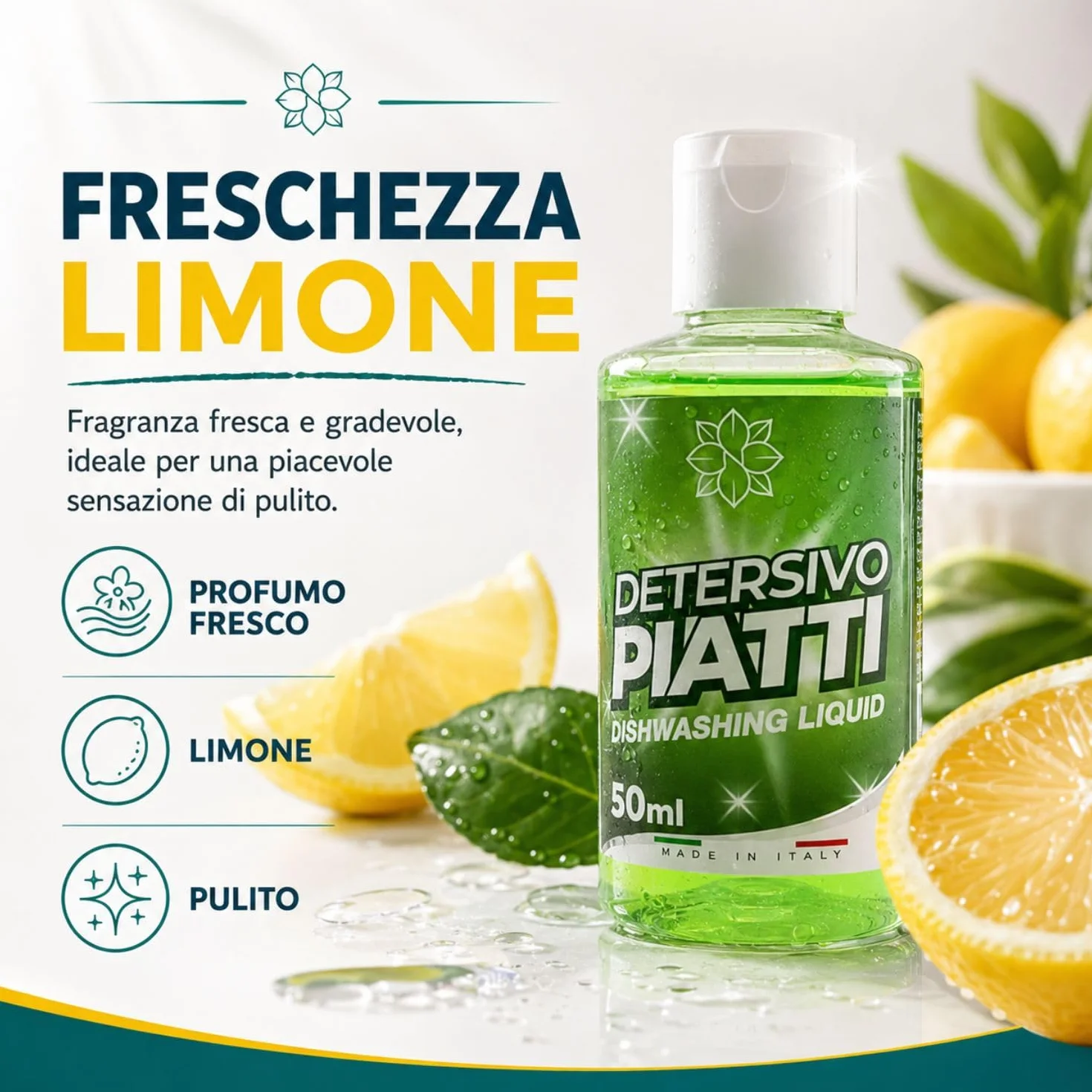 Detersivo piatti a mano per residence e case vacanza 50 flaconi da 50 ml, mini detersivo piatti al profumo di limone con tappo flip-top - Made in Italy
