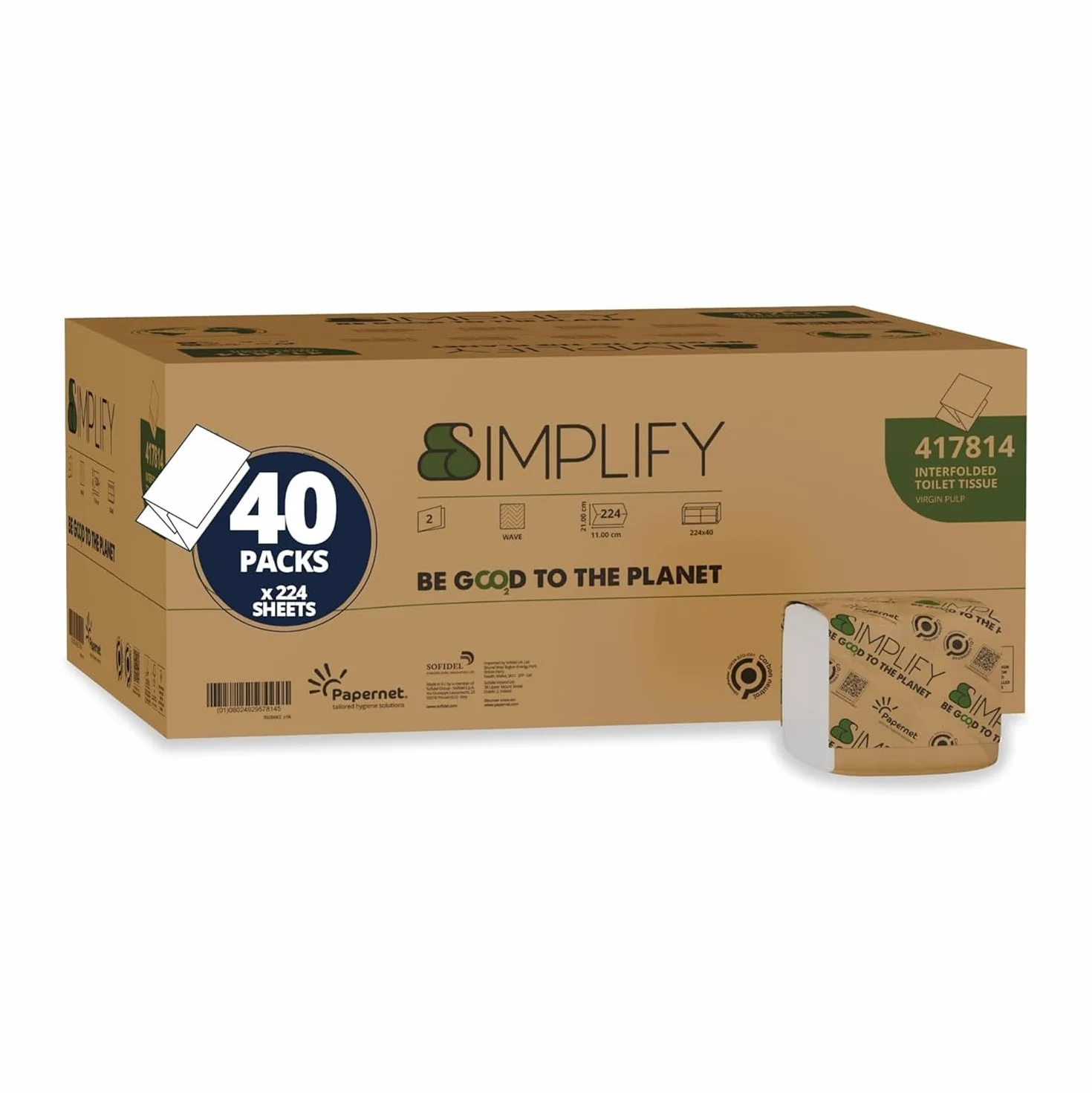 Papernet Simplify Carta Igienica Interfogliata 417814, Pura Cellulosa, Due Veli, 8960 Servizi, 224 per Clip, 21x11cm, Goffratura Ondulata, Bianca