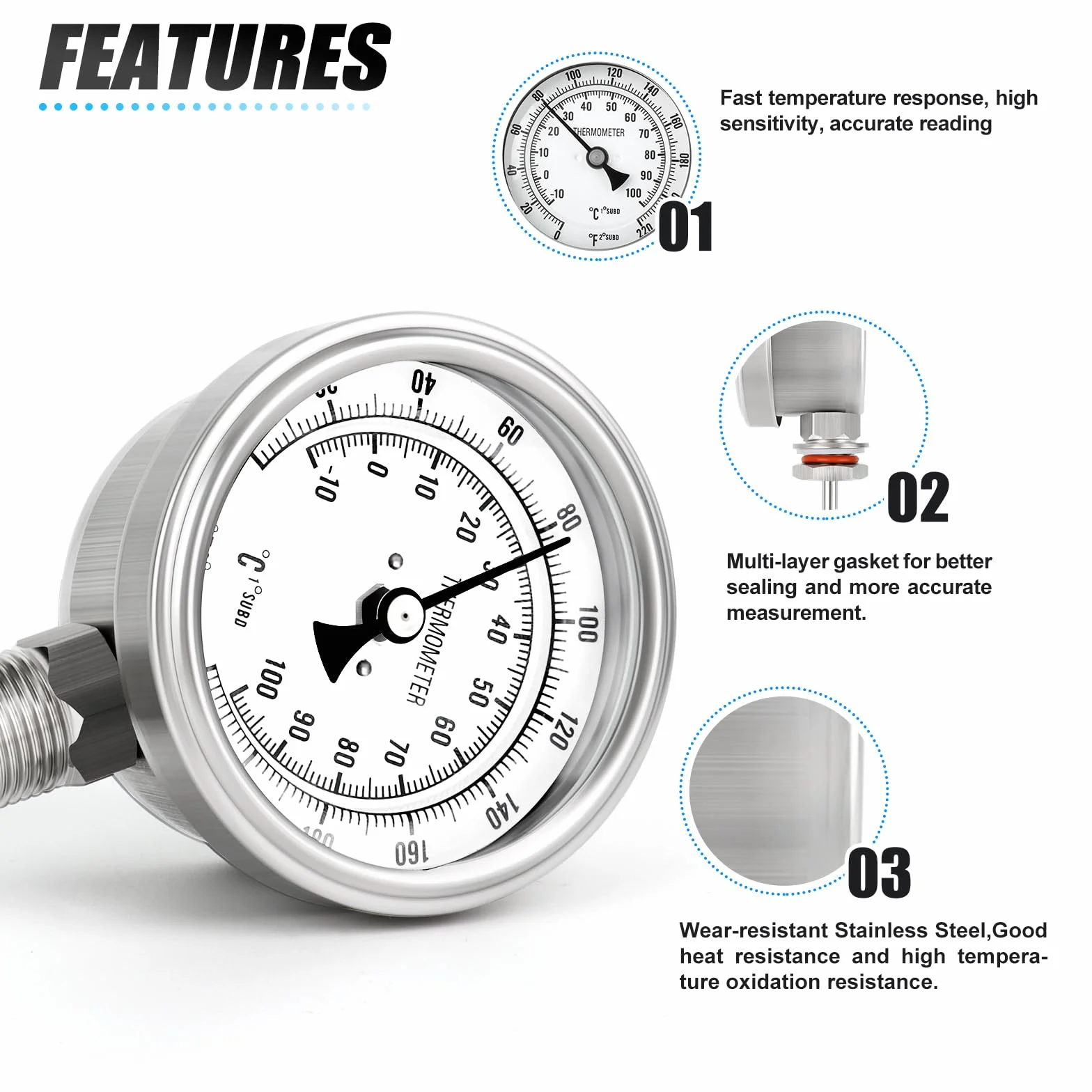 MEANLIN MEASURE Termometro bimetallico 1/2" BSP 3.3" Dial 4.4" Stelo in acciaio inossidabile -10~100℃/0~220℉