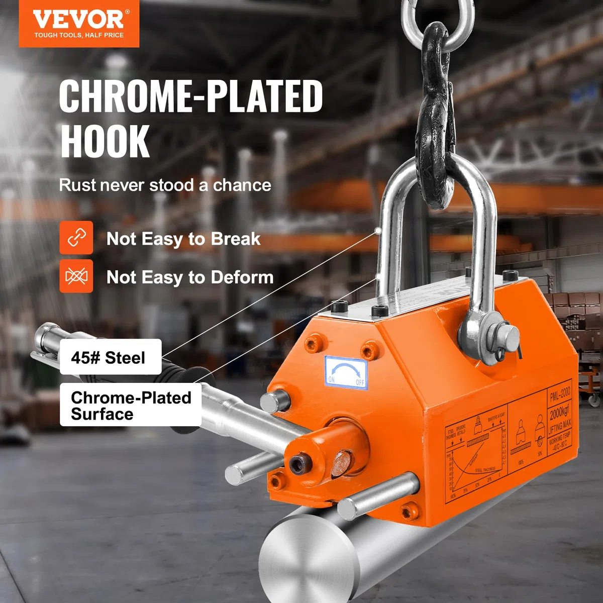 VEVOR Sollevatore Magnetico Permanente al Neodimio N42 Acciaio Portata Massima da 2000kg Dimensioni Base 350x150x168 mm, Sollevatore a Magneti Permanenti Fattore di Sicurezza 2,5 Forza Trazione 5000kg