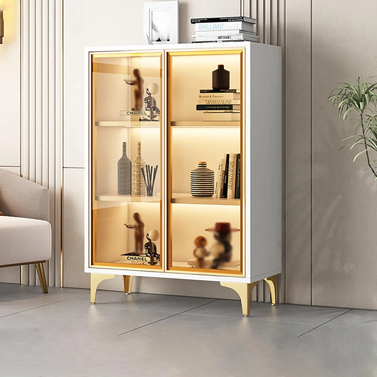 Vetrina Curio,vetrinetta Espositiva,vetrina Per Trofei, Vetrina In Vetro, Vetrina Trasparente Da Terra, Mobile Contenitore Per Soggiorno, Per Soggiorno, Camera Da Letto, Ufficio ( Color : White+golden