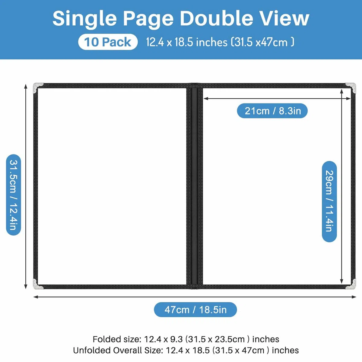 WenYa Copertine per menù in formato A4 a doppia piega (confezione da 10), 2 pagine e 4 visualizzazioni in stile americano, con bordi neri, trasparenti, pieghevoli, con protezioni angolari in acciaio