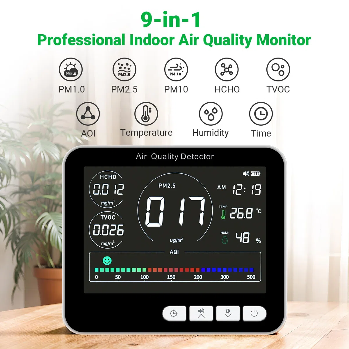 Qualità dell'aria e del flusso d'aria, 9 In1 Air Quality Monitor, PM1.0, PM2.5, PM10, HCHO, TVOC, AQI, Time, Temperature, Humidity, Indoor Detects