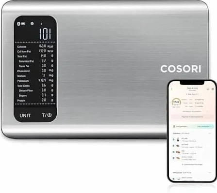 Cosori Bilancia da cucina digitale con calcolo nutrizionale, 5 kg acciaio inox