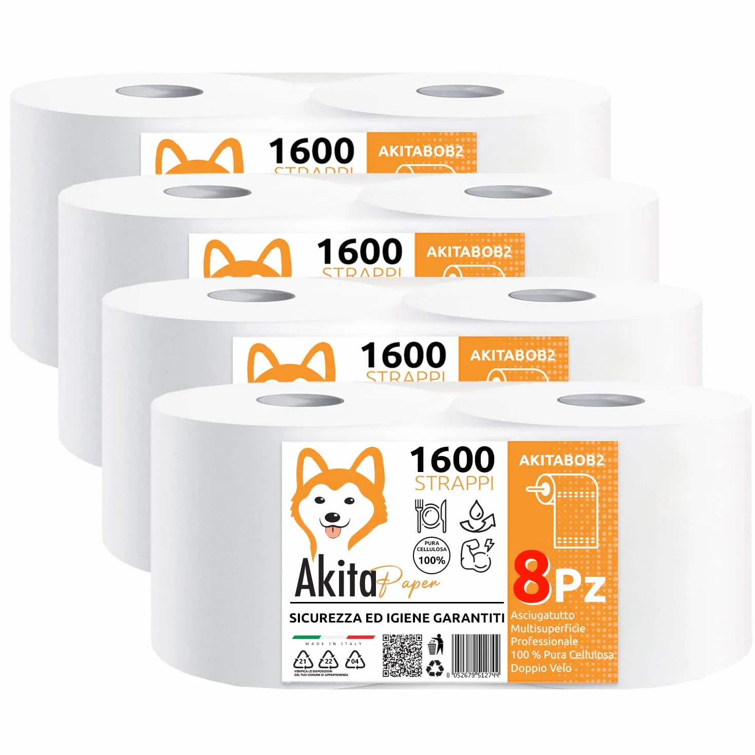 Carta Asciugatutto 6400 strappi 8 Kg 2 veli pura cellulosa Microgoffratura Rotoloni uso alimentare