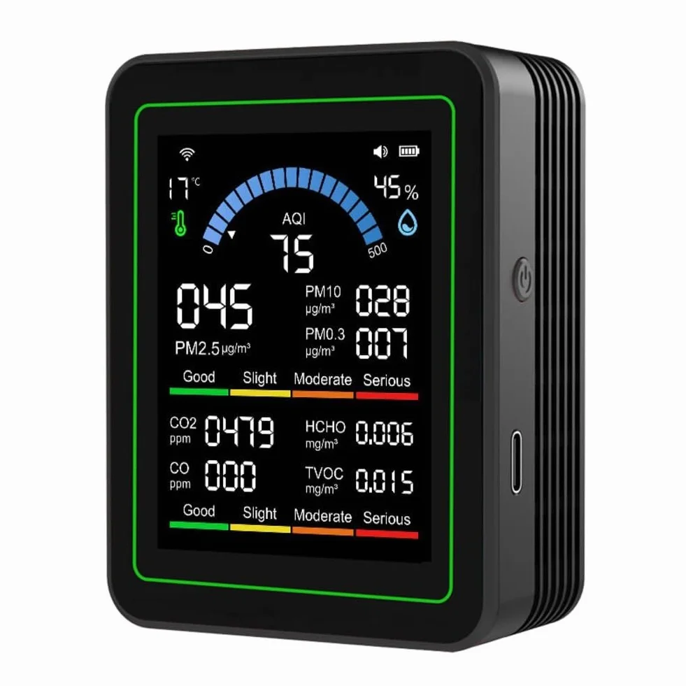 Monitor WiFi Qualità dell'Aria 10 in 1 Tuya Rilevamento CO HCHO PM2.5 PM1.0 PM10 PM0.3 Sensore Temperatura Umidità Tester Aria Interna Nero