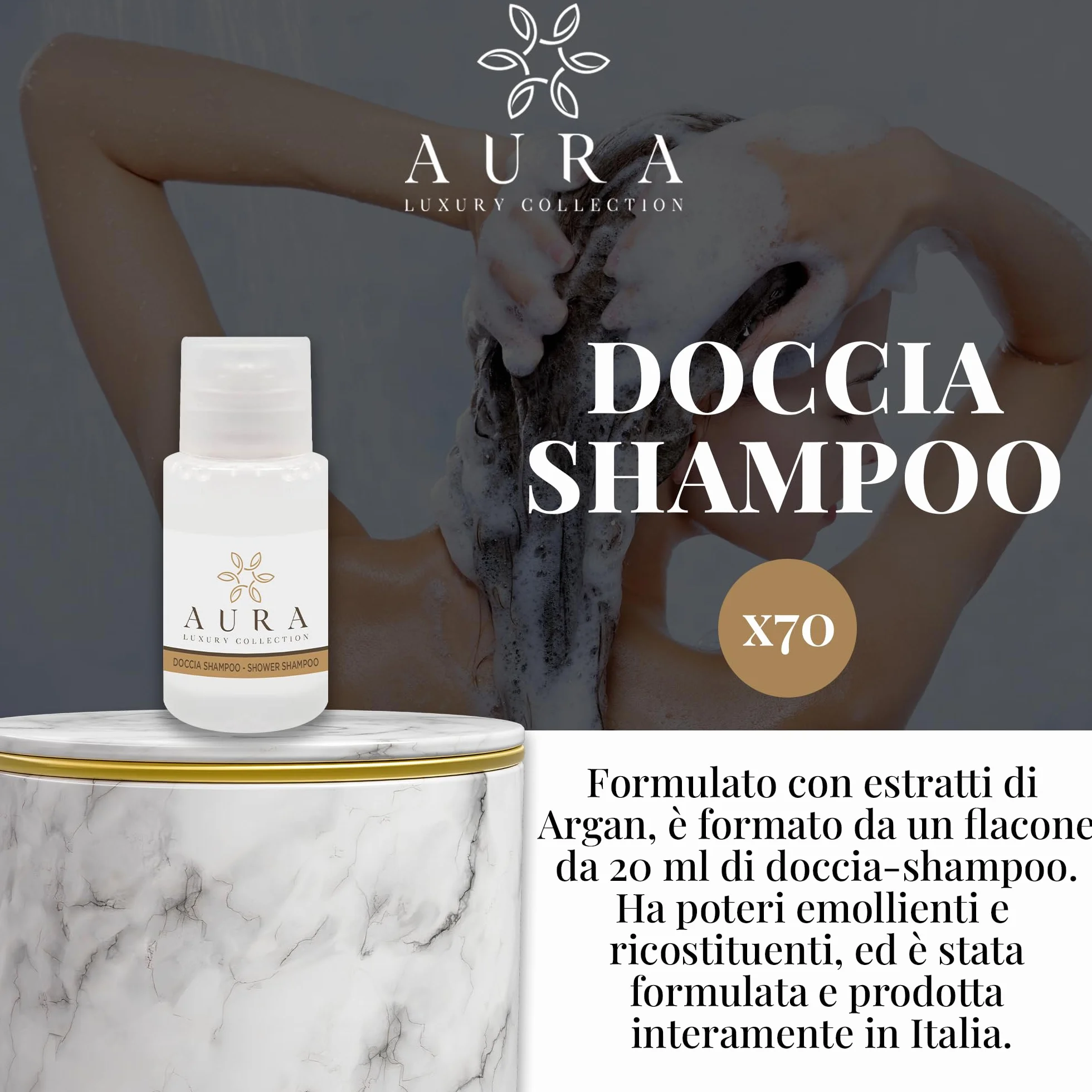 Aura Luxury Collection Kit Cortesia 250 pezzi: 70 flaconi doccia shampoo, 70 flaconi igiene intima, 40 cuffie, 50 bicchieri cartoncino imbustati, 20 paia di pantofole + OMAGGIO 500 fasce garanzia WC