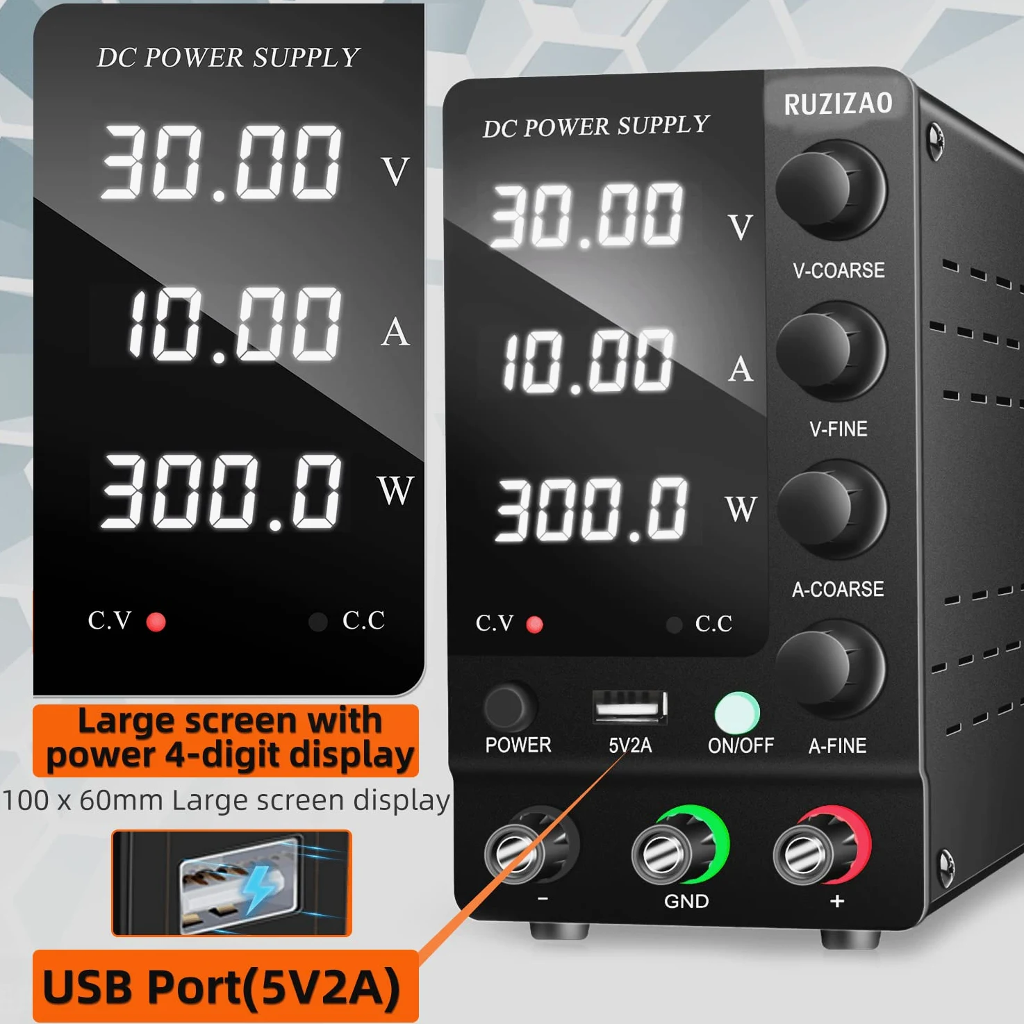 Alimentatore da Banco 30V 10A Alimentatore da Laboratorio DC Regolabile Stabilizzato Display LED a 4 Cifre Porta USB 5V/2A