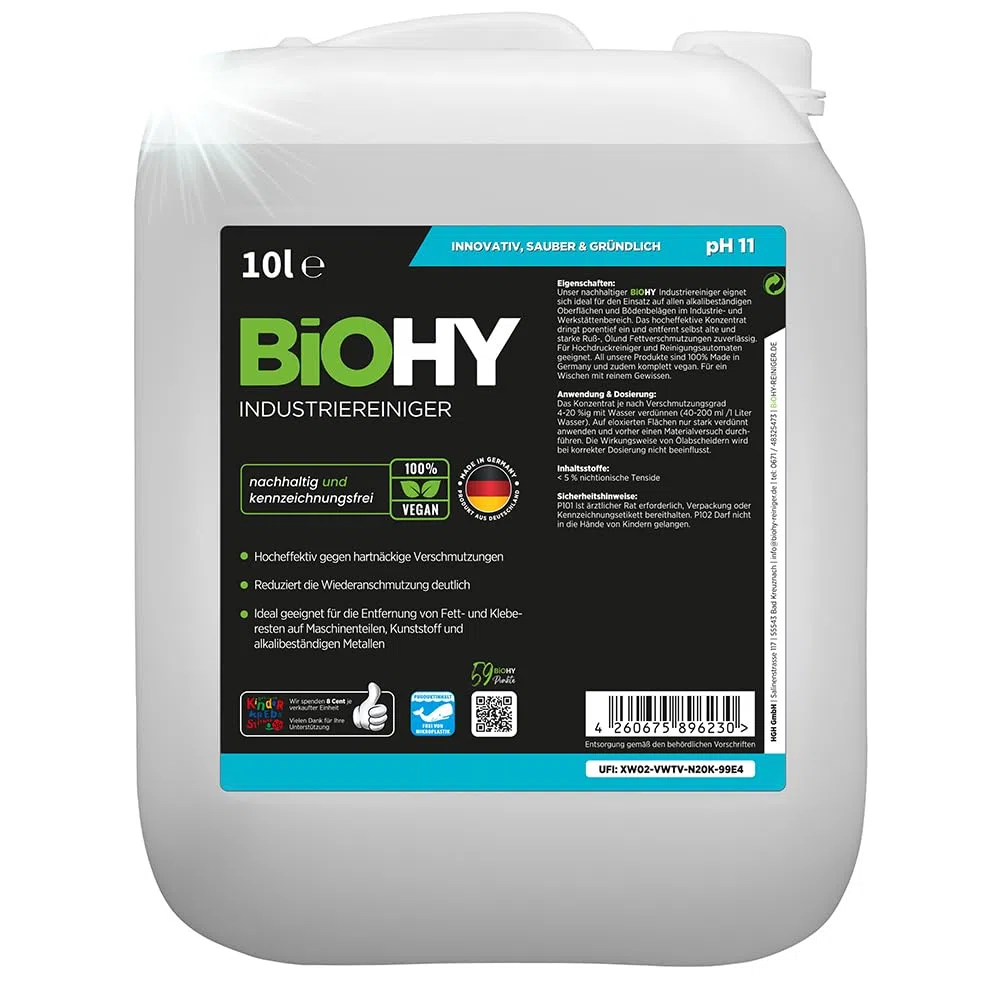 BiOHY Detergente industriale (Lattina da 10 Litri) | detergente per officina | contro grassi e oli | ideale per metallo, plastica, vetro, utensili senza schiuma e striatura (Industriereiniger)