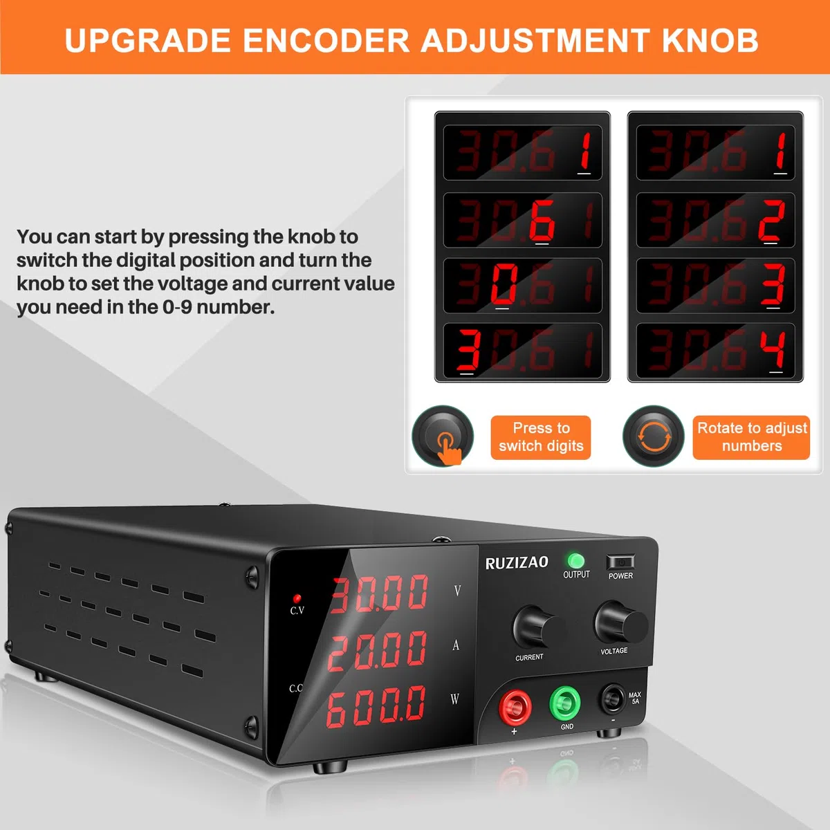 Alimentatore da Banco 30V 20A 600W Alta Potenza Alimentatore da Laboratorio con OUTPUT/Encoder, Alimentatore Regolabile con Display a LED a 4 Cifre e Uscita Stabile per Laboratorio/Elettronica