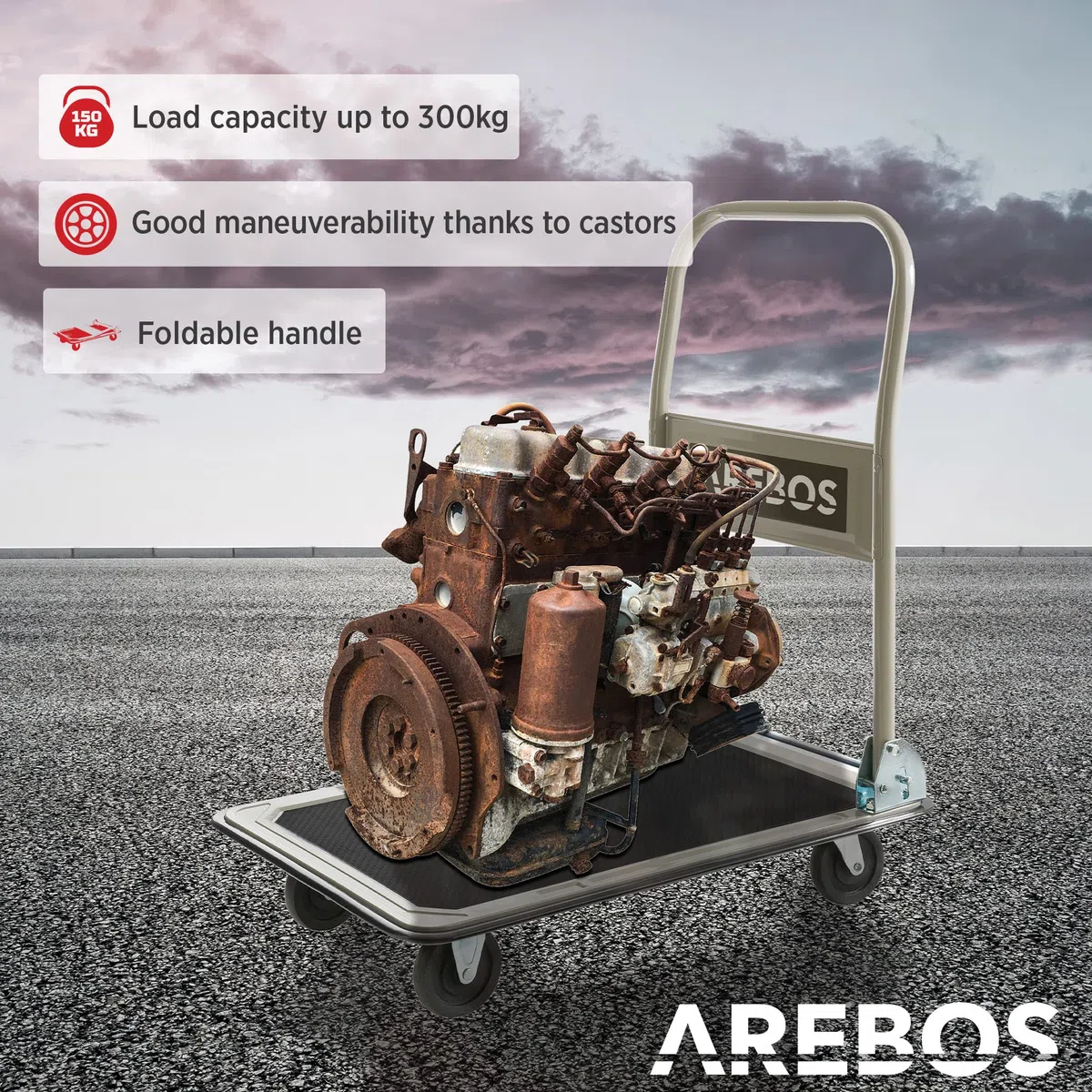 Arebos piattaforma carrello | Carrello portapacchi | Fino a 300 kg portata | con ruote girevoli | rivestimento antiscivolo | protezione bordi