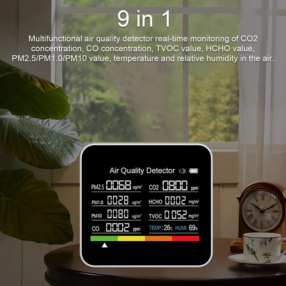 Monitoraggio della qualità dell'aria 9 in 1 Misuratore TVOC HCHO PM2.5 PM1.0 PM10 Temperatura Umidità