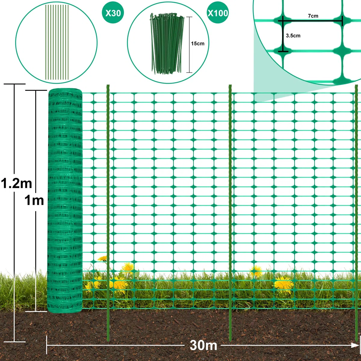 Froadp Recinzione di vimini da 1 m x 30 m con chiodi da terra e nastri, rete di protezione in plastica, recinzione mobile multifunzionale, recinto di pecora, recinzione per cani, pollame (verde)