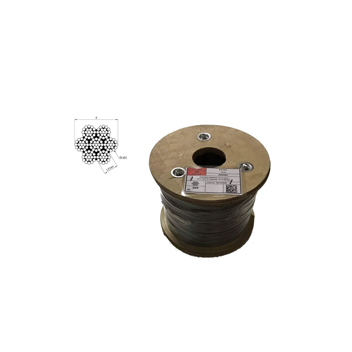 Fune metallica da 6 mm, 15 m, in acciaio inox 7X19 EN 1.4401, morbida, A4 NIRO, Nirosta