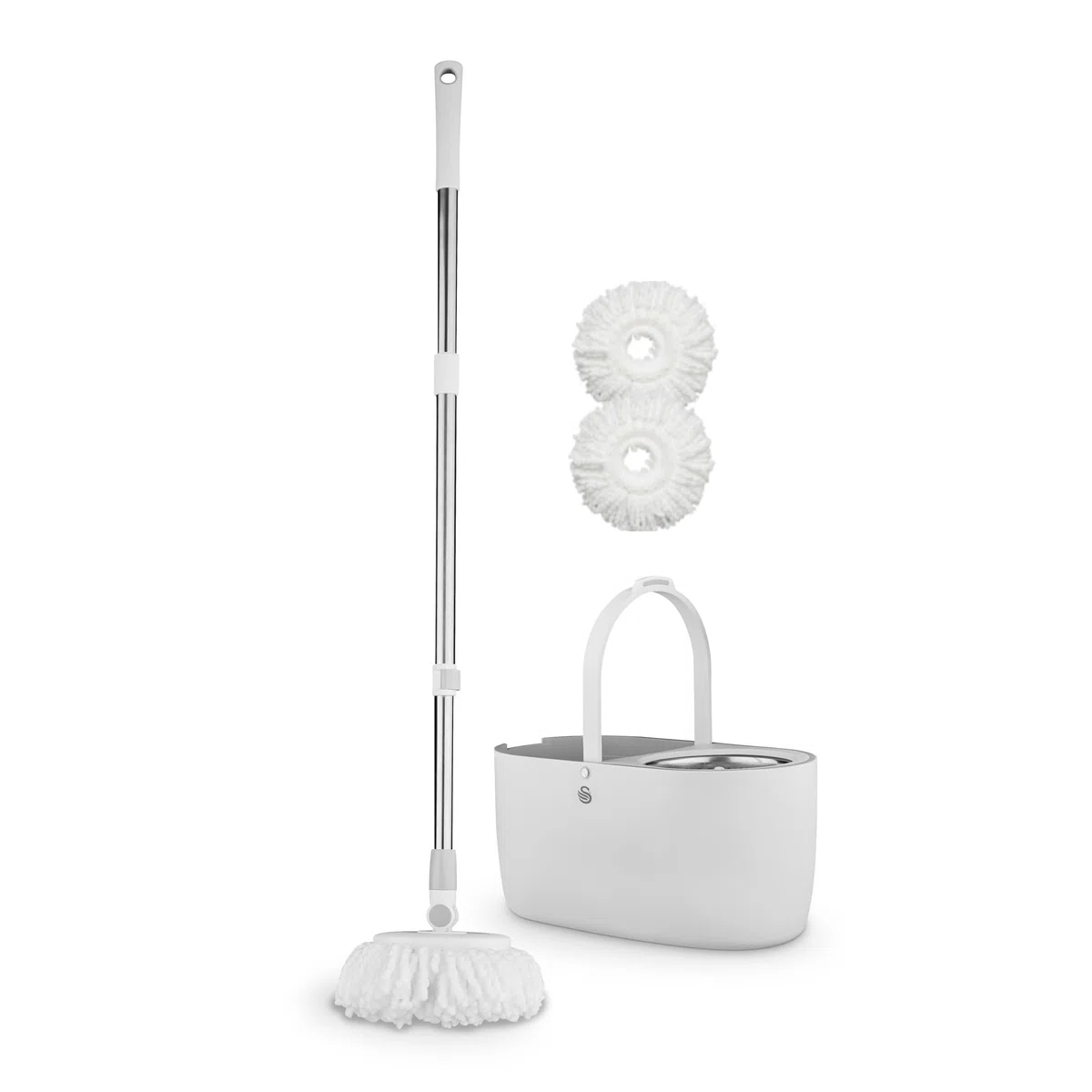 Swan SWFC2011WHTN Elevate Spin Mop e secchio da 5 litri con strizzatore in acciaio inox, testa in microfibra super assorbente, meccanismo a pompa manuale, facile da riporre, bianco