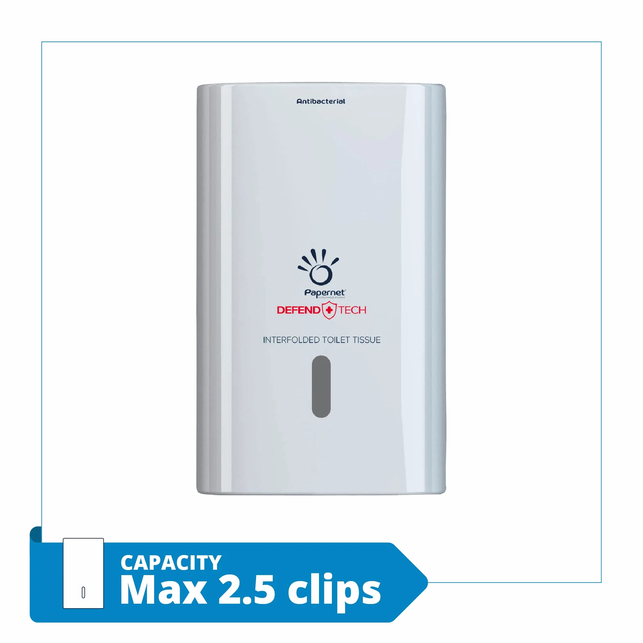 Papernet Defend Tech Dispenser Antibatterico Carta Igienica Interfogliata 416147 Plastica Riciclata Capacità 2,5 Clips 26,5x13,5x16,5cm Bianco