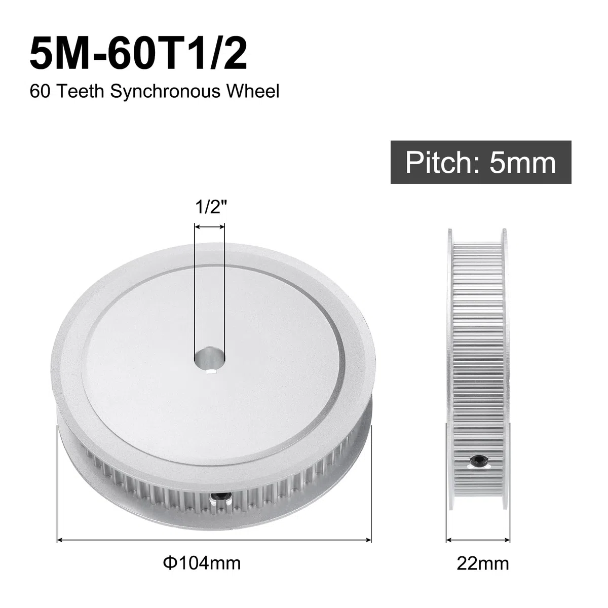 uxcell 5M-60T-1/2B Puleggia per cinghia dentata con foro da 1/2", ruota sincrona in lega di alluminio a 60 denti con chiave, passo 5 mm dente per cinghia di larghezza 15 mm