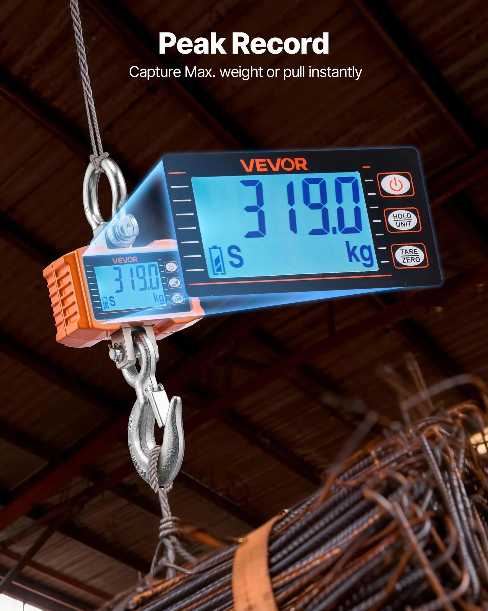 VEVOR Bilancia da Gru 2000 kg, Bilancia Industriale Sospesa per Impieghi Gravosi, Cassa in Alluminio Pressofuso, Display LCD, Divisione 500 g