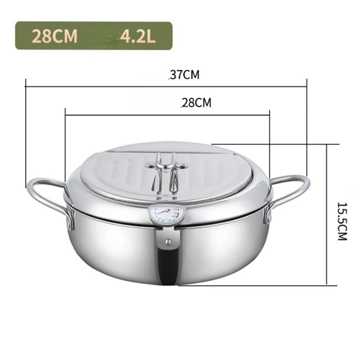 Pentola per frittura, pentola giapponese in acciaio inox con scarico dell'olio, controllo della temperatura e coperchio, friggitrice tempura per fornelli a gas/induzione, per patatine e pollo (28CM)