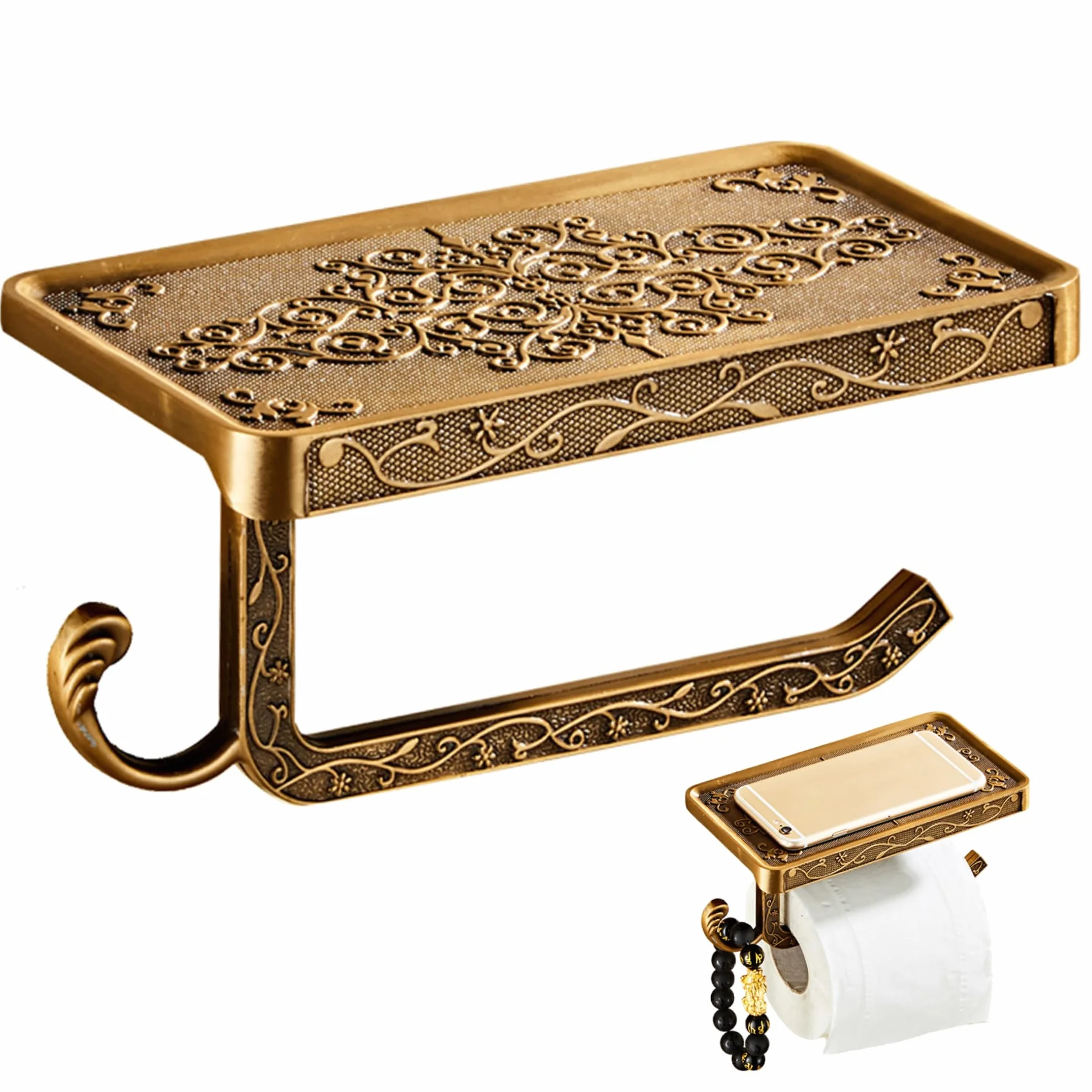 Vintage Bronze Portarotolo di Carta Igienica con Ripiano e Gancio, Antiruggine Organizer Multifunzionale per Bagno
