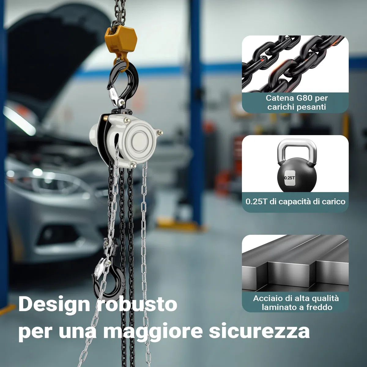 Wiltec Paranco a catena manuale V21-0,25, capacità di carico 250 kg, altezza di sollevamento 3 m, leggero e compatto, per impieghi gravosi