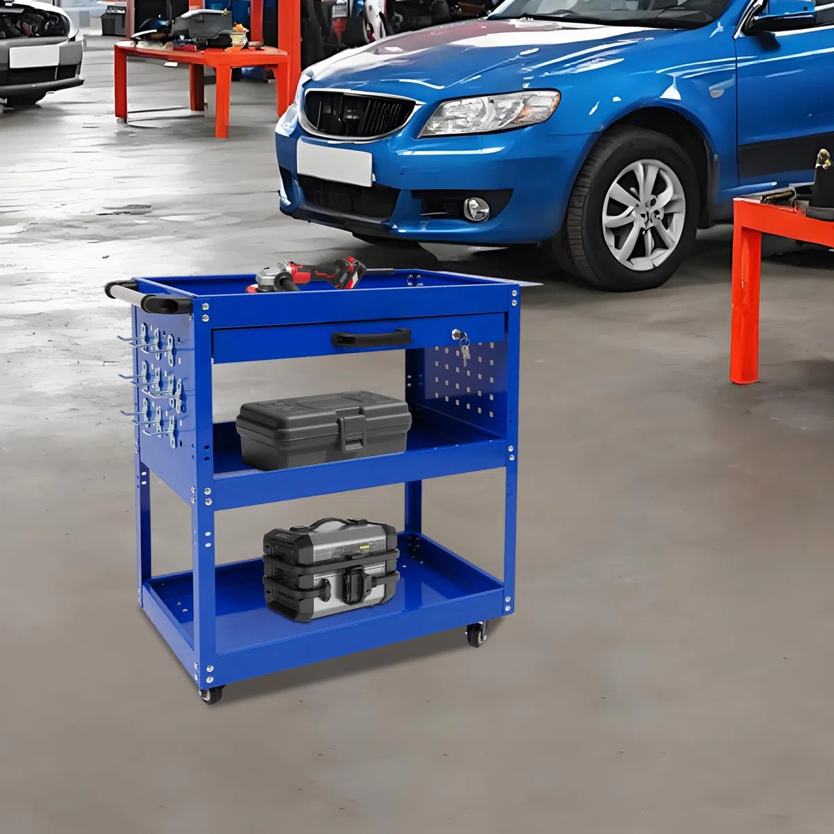 Carrello da officina a 3 ripiani, carrello da officina, carrello mobile in metallo con cassetto e ruote dei freni, carrello da officina con scatola e chiavi, per manutenzione auto, magazzino, garage