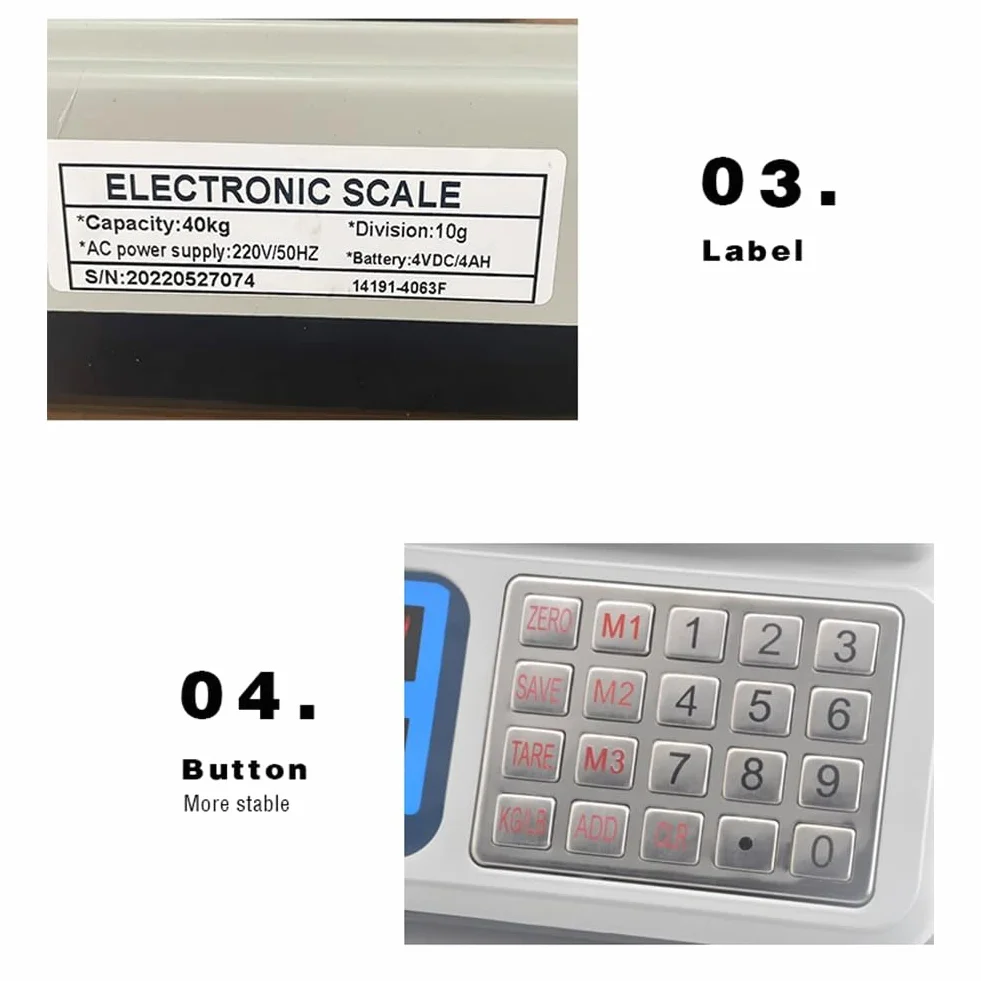 Bilancia Elettronica Professionale 40kg - Display LED, Alta Precisione, Piatto in Acciaio Inox, Batteria Ricaricabile Bilancia da Banco Adatta per Alimenti e Commercio,