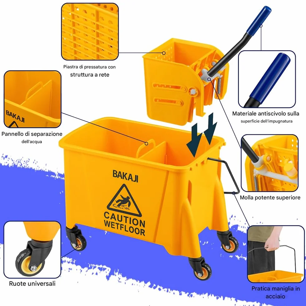 BAKAJI Carrello per Pulizie Professionale con Secchio Lavapavimenti 20 Litri