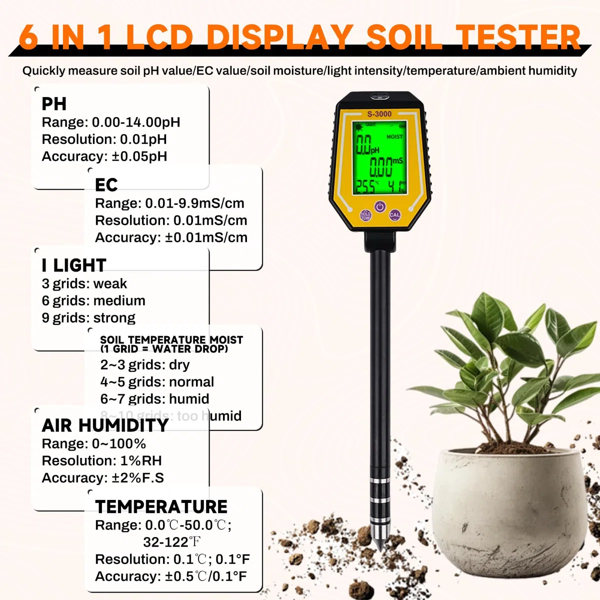 6 in 1 Misuratore PH Terreno Igrometro per Piante Misuratore umidità Terreno Sensore umidità Terreno Fotometria Solare/PH/EC/Temperatura/umidità del Suolo/umidità dell'Aria Display LCD.
