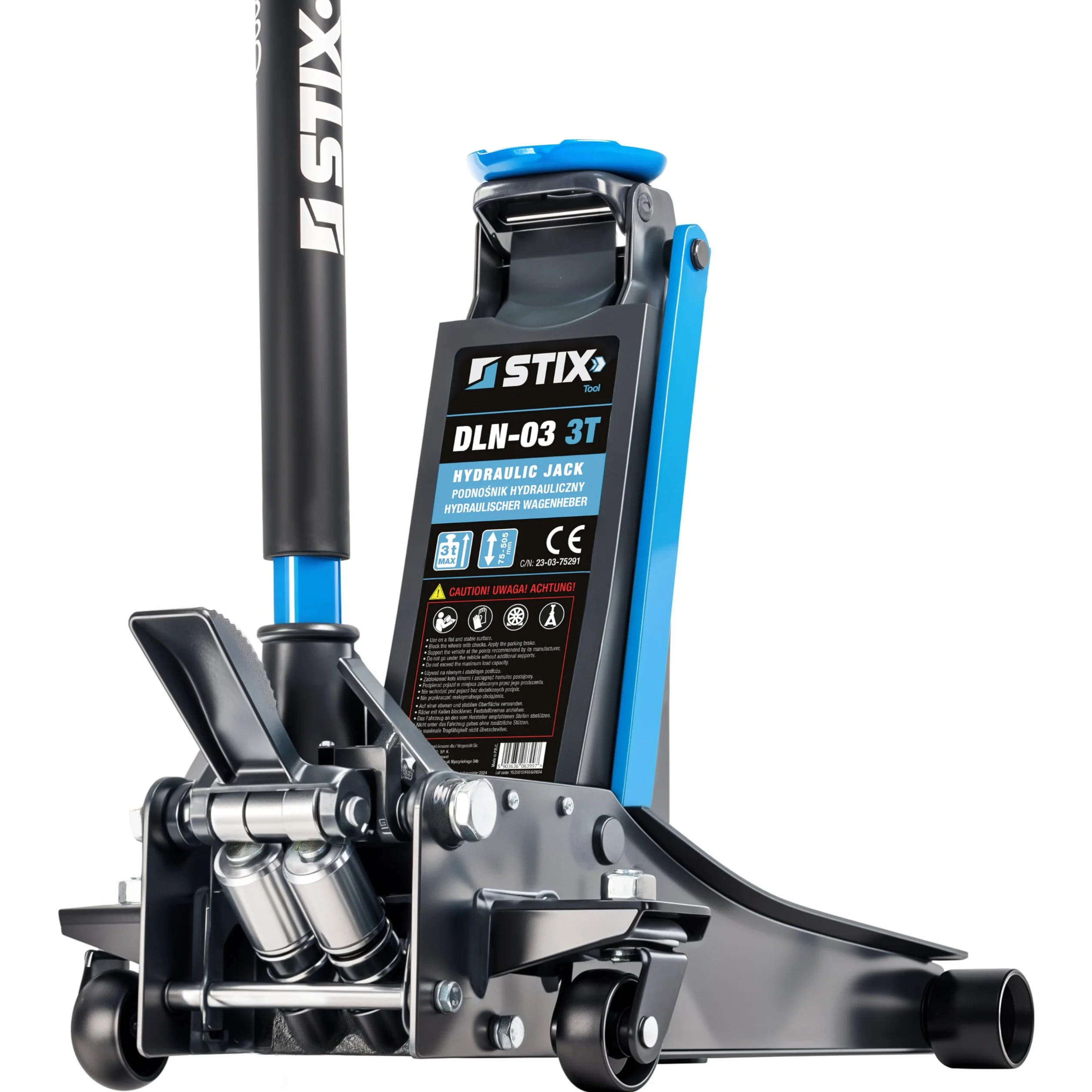 STIX Cric idraulico 3T – altezza di assorbimento bassa 75 mm – Cric idraulico extra piatto – altezza di sollevamento 505 mm – doppia pompa, ideale per officina e garage