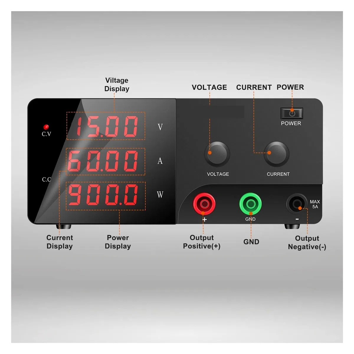 Alimentatore da Banco, 15V 60A 900W Alta Precisione Regolabile LED Commutazione Alimentatore CC Laboratorio 30V 30A 20A 100V 5A(Noir,15V 60A)