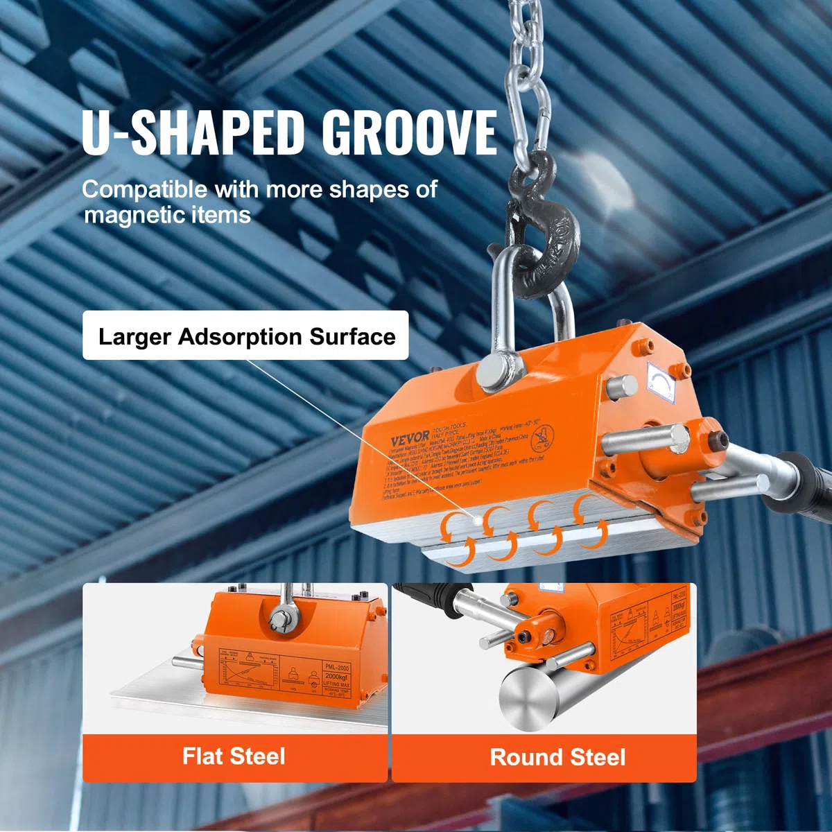 VEVOR Sollevatore Magnetico Permanente al Neodimio N42 Acciaio Portata Massima da 2000kg Dimensioni Base 350x150x168 mm, Sollevatore a Magneti Permanenti Fattore di Sicurezza 2,5 Forza Trazione 5000kg