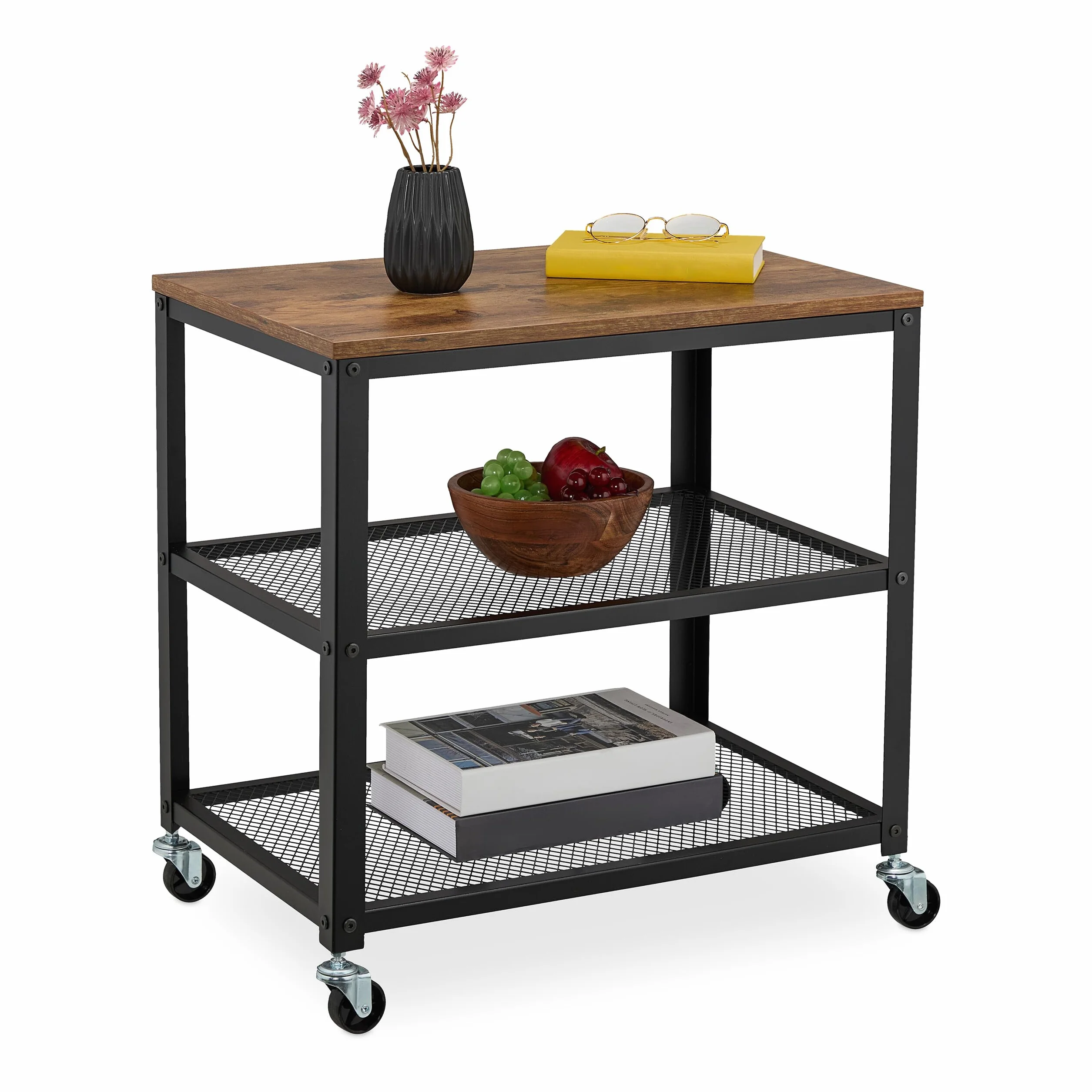 Relaxdays Carrello da Cucina a Ruote, 3 Ripiani, Carrellino Servizio Soggiorno, 61x60x40 cm, Acciaio e MDF, Nero Marrone
