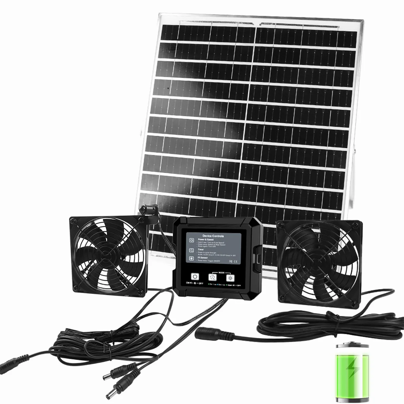 Ventilatore solare per pollaio con batteria, kit doppio ventilatore di scarico solare, 3 modalità intelligenti controller (continuo/timer/sensore di movimento), ventola di ventilazione ad