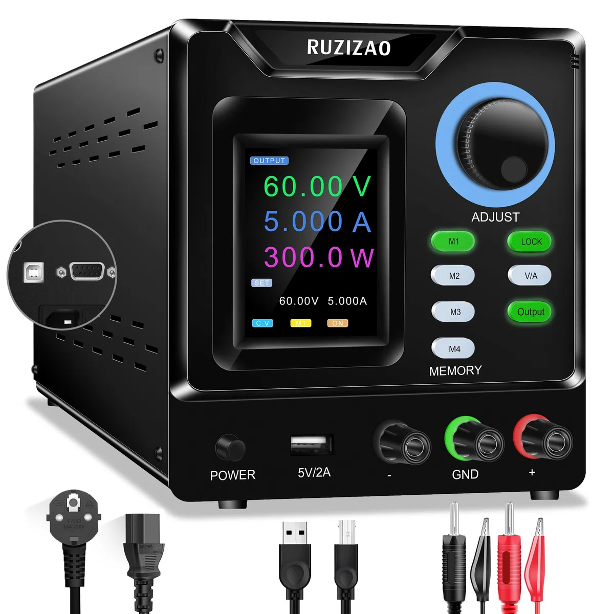 Alimentatore da Banco Programmabile 60V 5A, Alimentatore da Laboratorio con Memoria/OUTPUT/Encoder, Alimentatore Regolabile Variabile con Software, Pulsante di Blocco e Porta di Ricarica USB