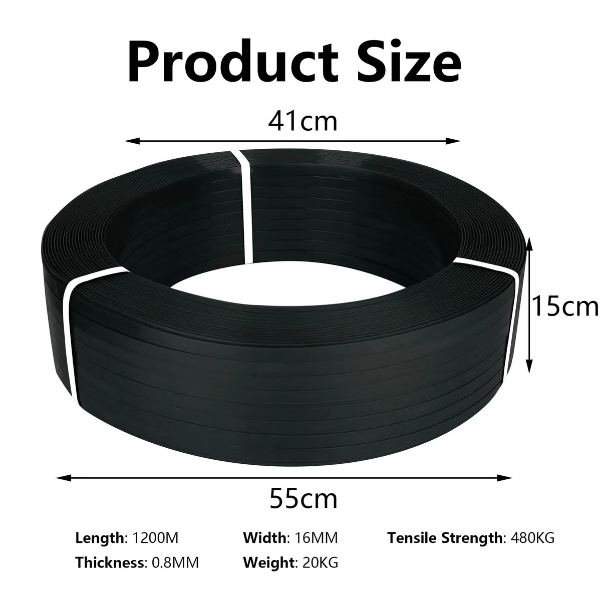 Reggia Reggetta in Plastica Polipropilene Rotolo per Reggia per Imballaggio con 70 Fibbie 1200 m x 16 mm x 0,8 mm Resistenza alla Rottura 530 kg per Mattoni Legno Magazzini Trasporti(Color:Black)