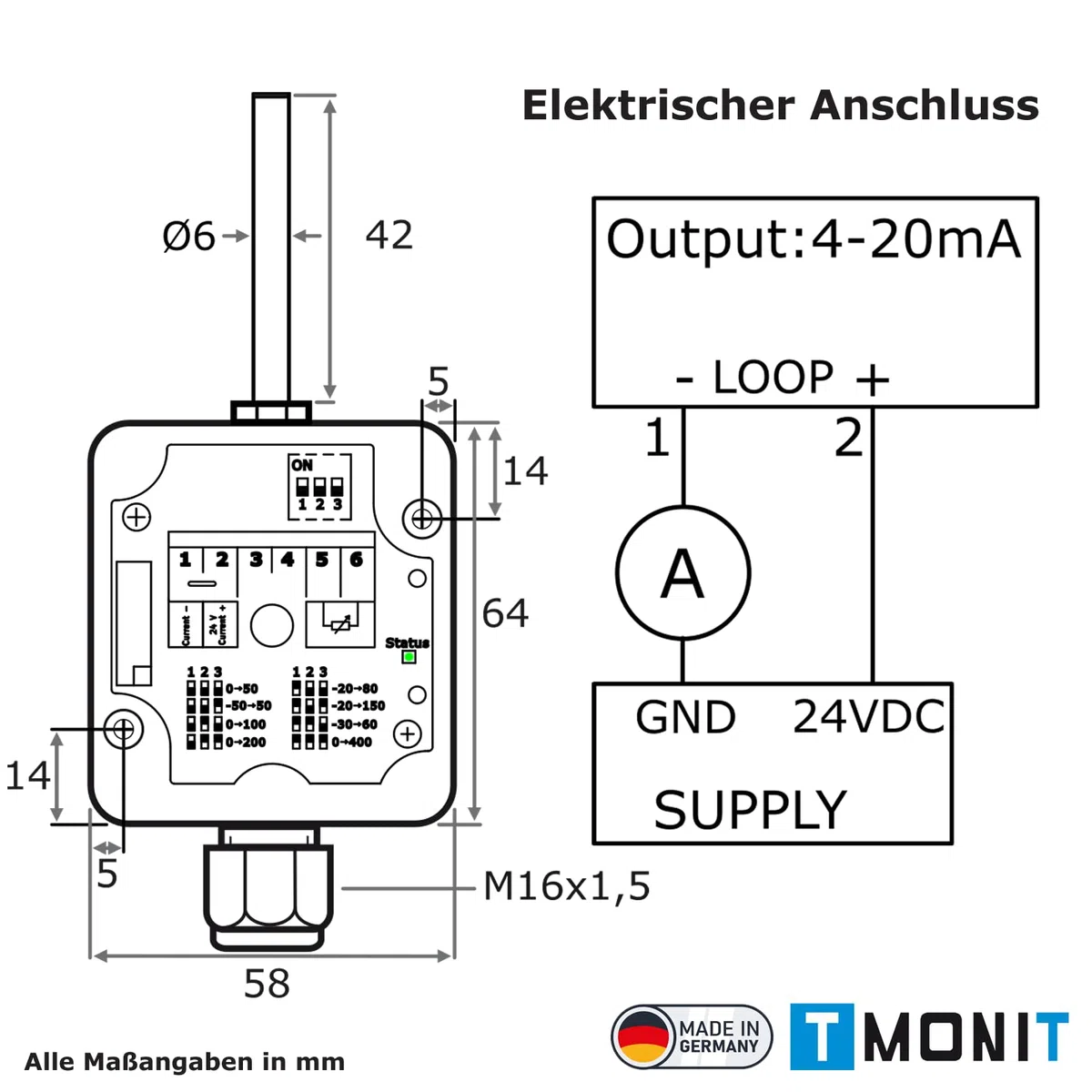 Trasmettitore di temperatura esterna rapido con sensore PT1000, attivo, 4-20mA, NE43, IP65
