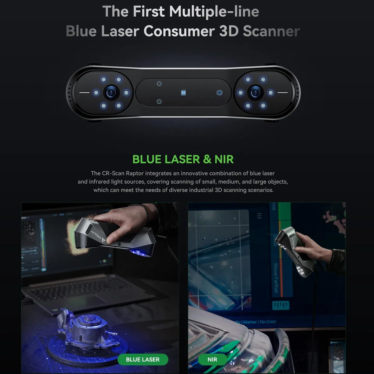 Creality Scanner 3D CR-SScan, Raptor per stampanti 3D multiriga, con tecnologia Blue & NIR, precisione 0,02 mm, tracciamento anti-agitazione, supporta oggetti da 5 a 2000 mm per Windows Mac
