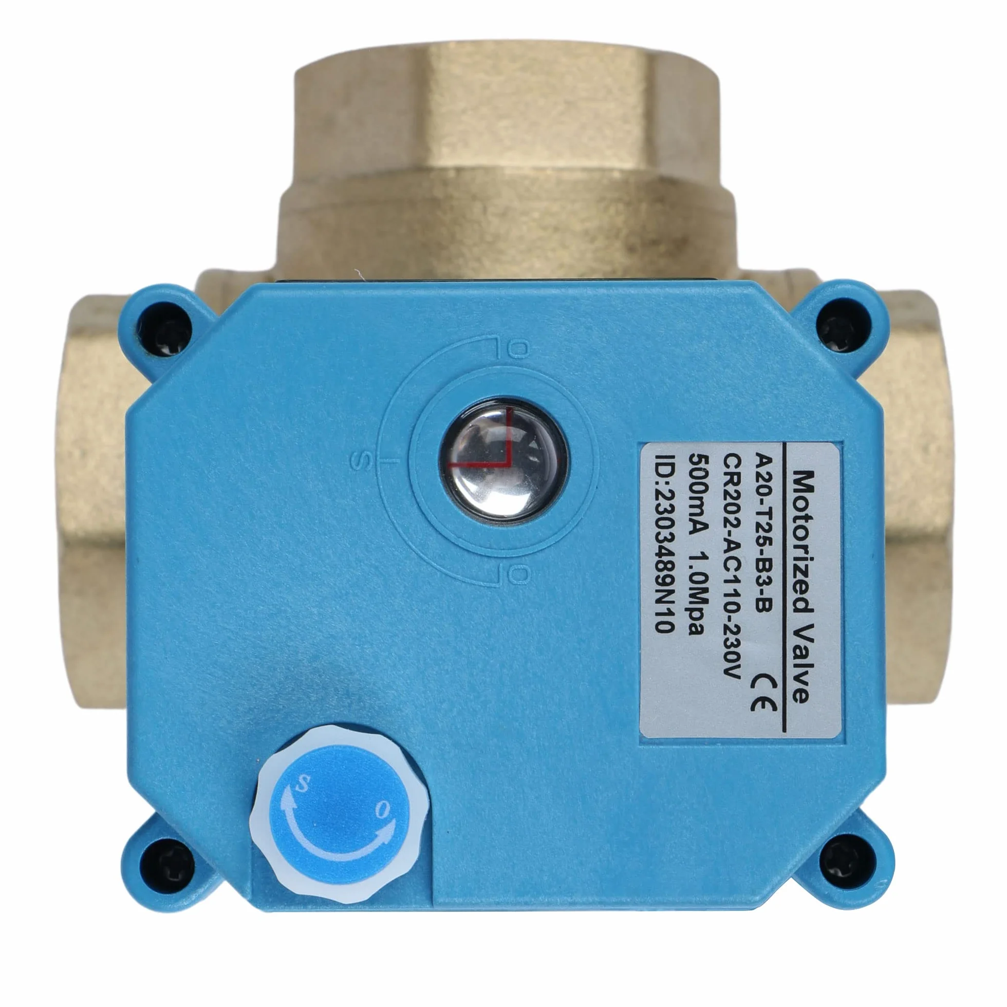 U.S. Solid Valvola a sfera motorizzata a 3 vie in ottone – Tipo L, funzione manuale, portata standard (1", AC 110–230 V)