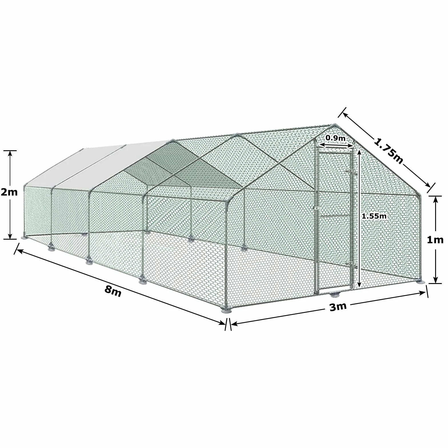 HENGMEI Pollaio 3x8x2m con recinto esterno, gabbie per piccoli animali, pollaio in acciaio zincato con tetto in PE, recinto esterno con serratura, gabbia per pollame