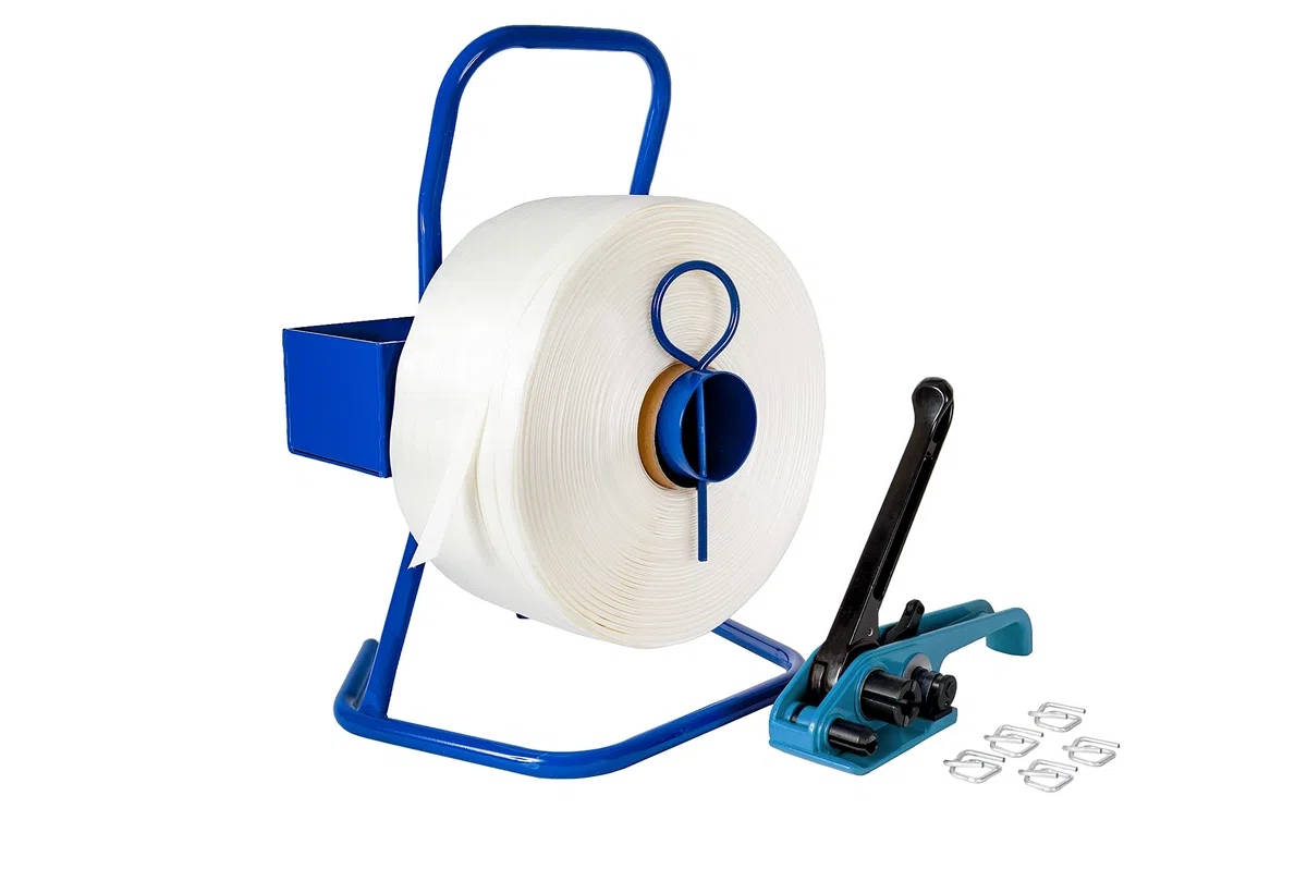 Set di reggie, 25 mm, completo di rotolo, tenditore, 100 graffette e nastro in poliestere da 500 mtr