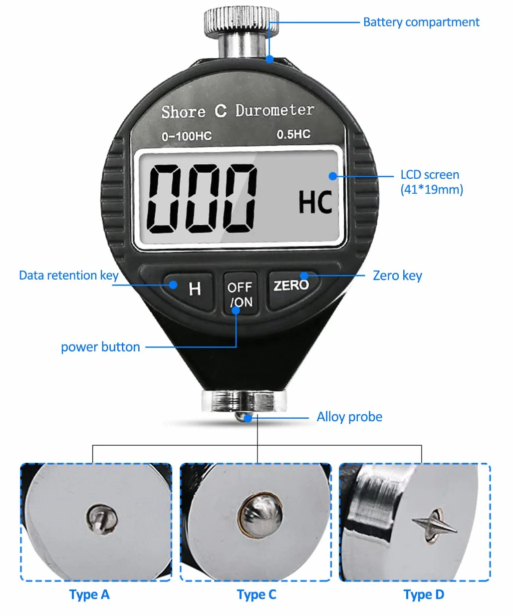 Maizoon Durometro Digitale Shore C Tester di Durezza 0-100HC Display LCD per Gomma Plastica