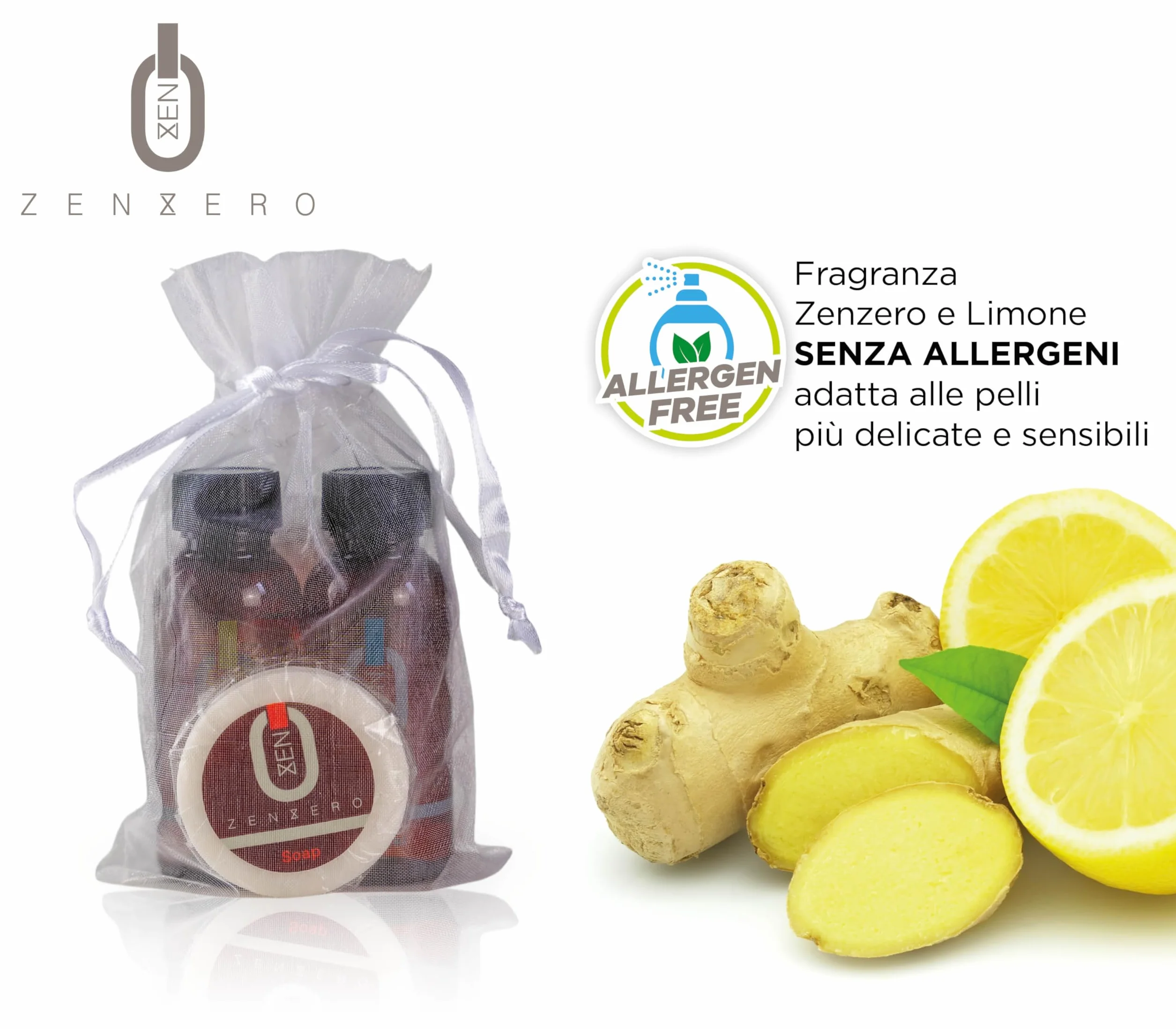 PRESENT-MORE - Set Cortesia 15 Ospiti Zenzero - Fragranza Zenzero e Limone - Contiene: Shampoo, Gel Doccia, Sapone e Cuffia - Per Hotel e B&B